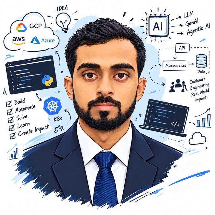 Illustrated portrait of Akhilesh Ranjan Singh surrounded by cloud, Kubernetes and AI sketches